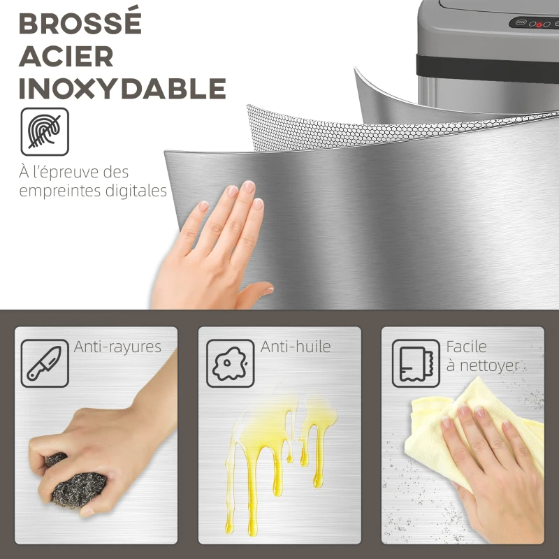 HOMCOM Poubelle de cuisine automatique 48L en acier inoxydable, couvercle à fermeture en douceur, 33x25x69cm, argent