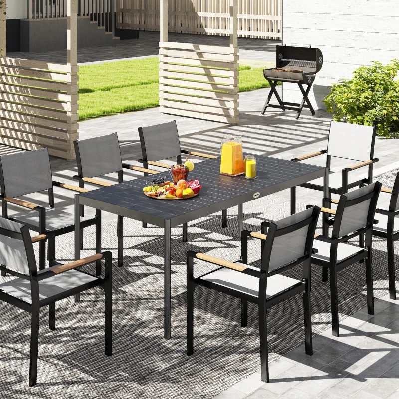 Outsunny Table à manger de jardin acier, table de jardin 8 personnes plateau à lattes rectangulaire 186 x 90 x 74 cm gris foncé
