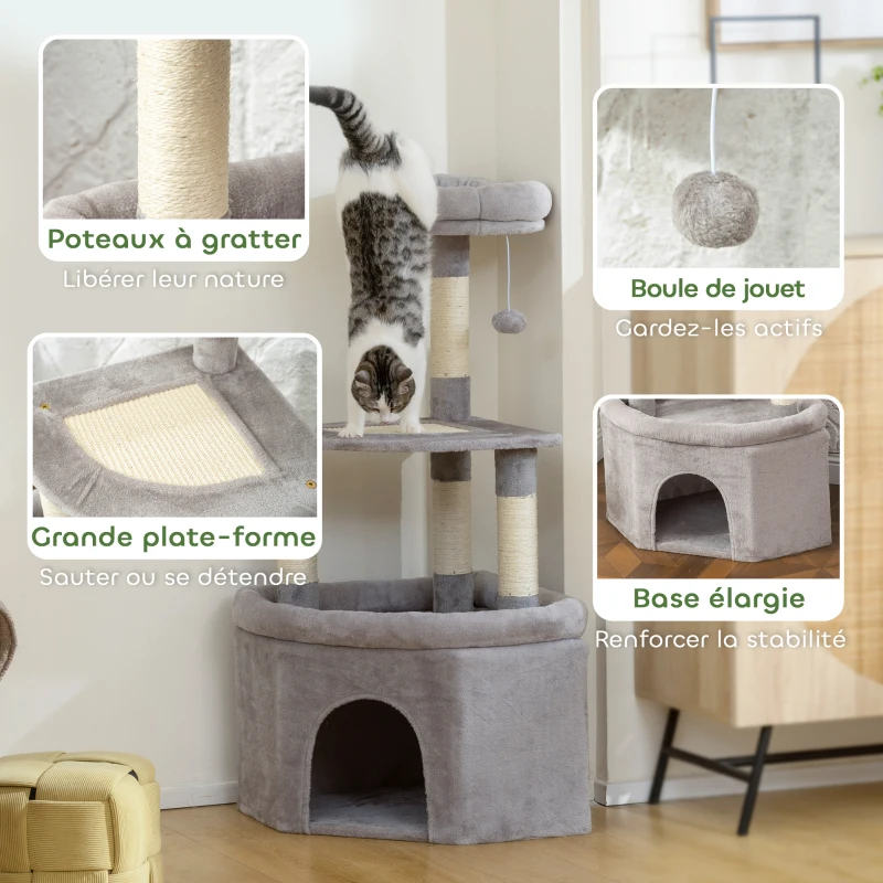 PawHut Arbre à chat tour de jeux pour chats griffoirs sisal, plate-forme, niche, tissu peluche, balles, 49x49x114cm gris clair