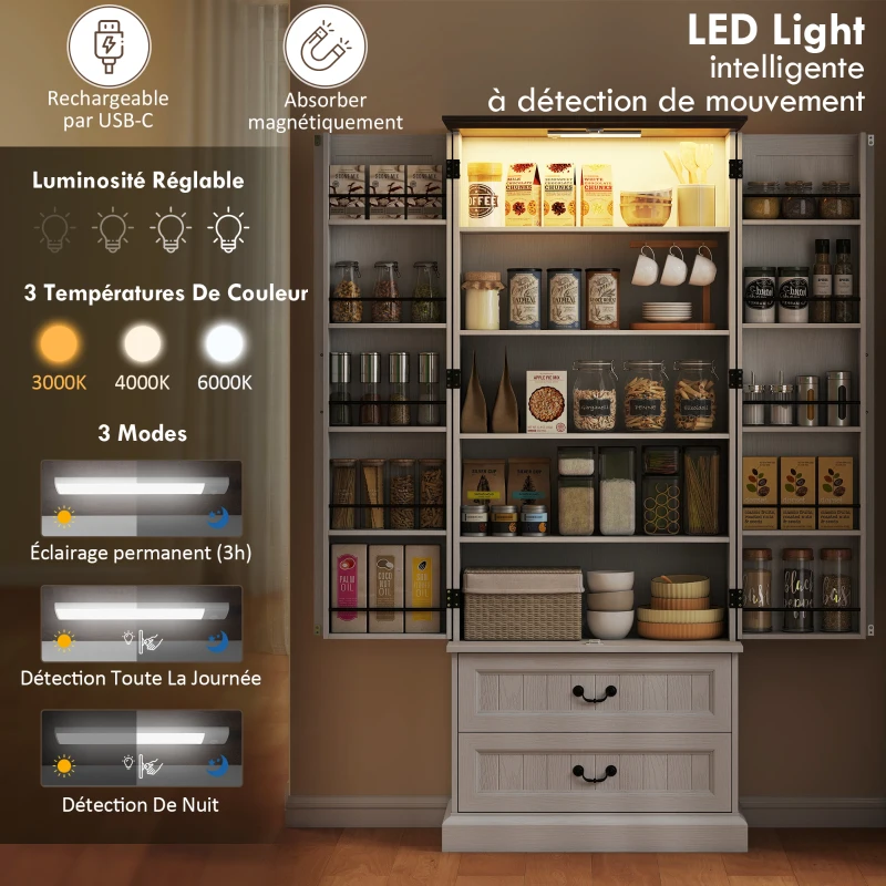 HOMCOM Buffet haut cuisine, armoire de cuisine, LED à capteur, 2 portes, tiroirs et étagères réglables, 76x39,5x183cm, blanc(m-4)