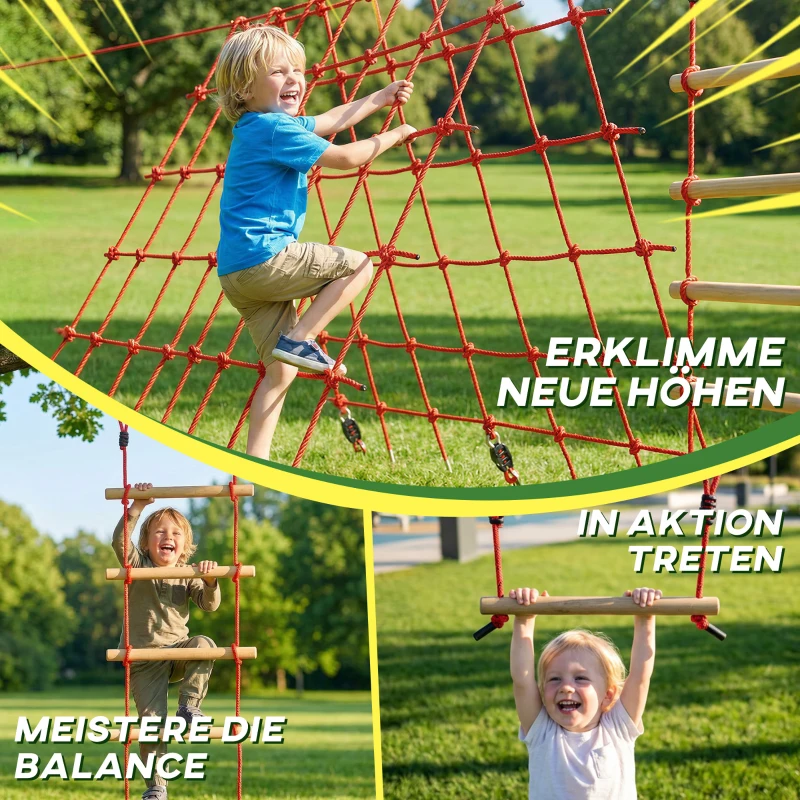 AIYAPLAY Ninja Line Kinder 10m Slackline Set mit Turnringe Schaukel Kletterleiter Kletternetz für 3-6 Jahre 1000x300x180 cm Rot