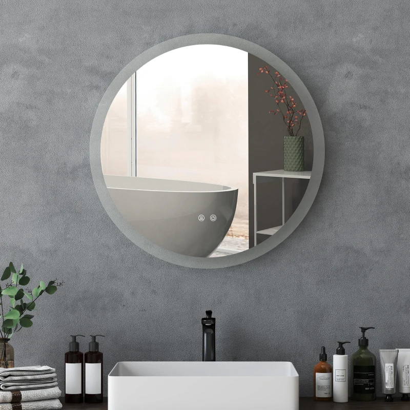 kleankin Espejo de Baño Redondo con Luces LED 70x70cm Espejo Antivaho 3 Luces de Colores Función de Memoria Interruptor Táctil