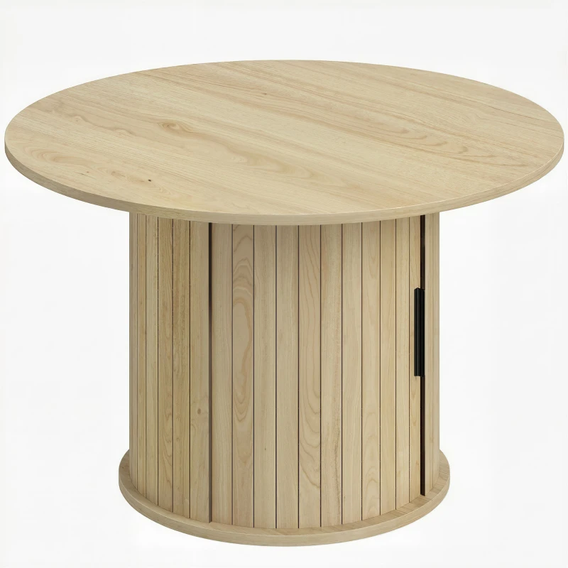 HOMCOM Table basse ronde, table de salon avec rangement, porte coulissante à lattes, 2 étagères, effet bois naturel