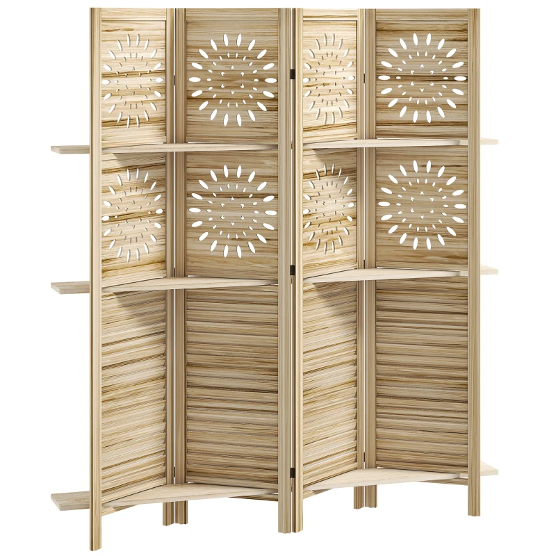 HOMCOM Paravent intérieur 4 panneaux et 3 étagères, 160 x 170 cm, séparateur de pièce pliable, bois de paulownia, bois naturel