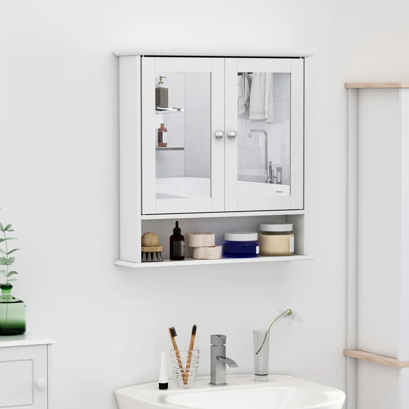 kleankin Armario de Baño con Espejo, Armario de Pared con 2 Puertas, Estante Abierto, Estante Ajustable, Mueble de Baño Colgar para Cocina, Salón, 56x13x58 cm, Blanco