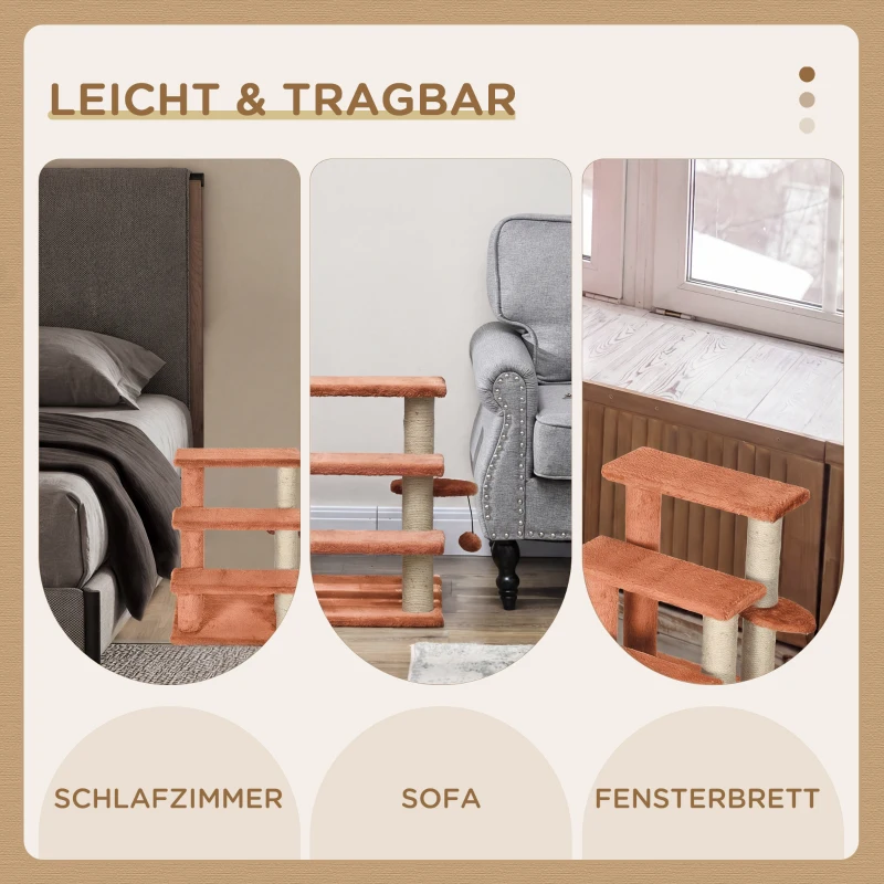 PawHut Kratzbaum, Haustiertreppe, 3 Stufen, Spielball, bis 5 kg, 45x40x48cm, Braun