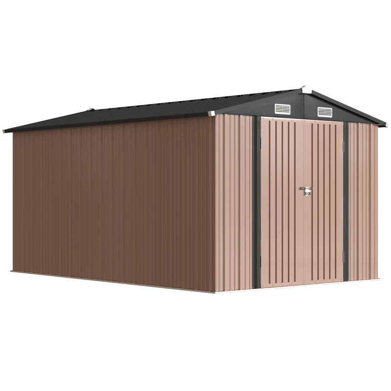 Outsunny Abri de Jardin en Métal 364 x 238 cm avec 4 Prises d'Air et Portes Doubles avec Serrure, Marron