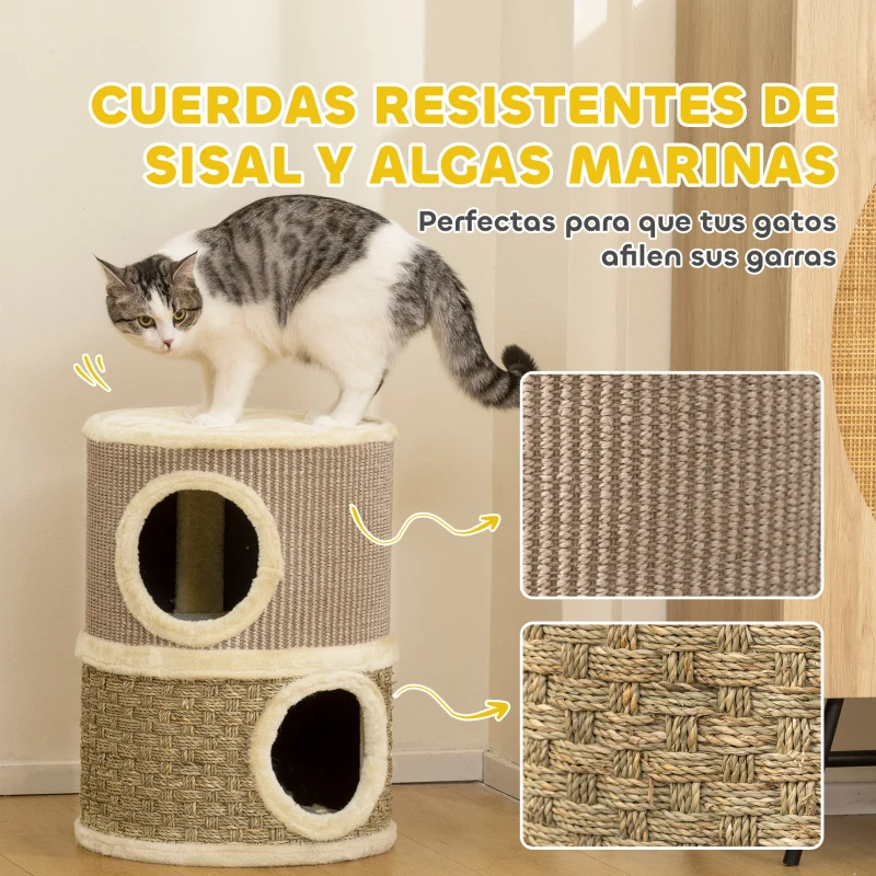 PawHut Barril Rascador para Gatos de 2 Niveles Altura 49 cm Tonel de Escalada con Cama Cubierto de Sisal Caqui y Café