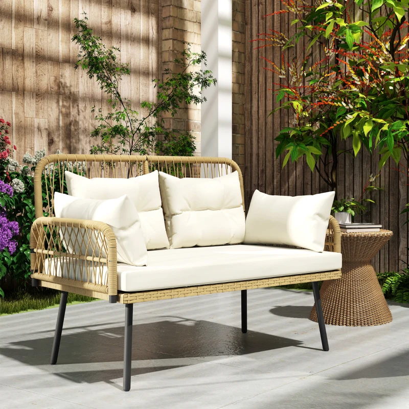 Outsunny Gartensofa mit Kissen 2-Sitzer Sofa Outdoor Balkon Sofa Rattansofa Polyrattan 115 x 61 x 82 cm Naturholz