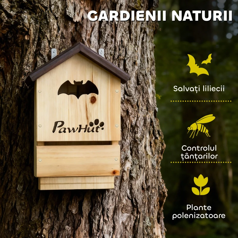 PawHut Set de 3 Căsuțe pentru Lilieci din Lemn de Brad, 21,5x11,5x34 cm, Lemn Natural