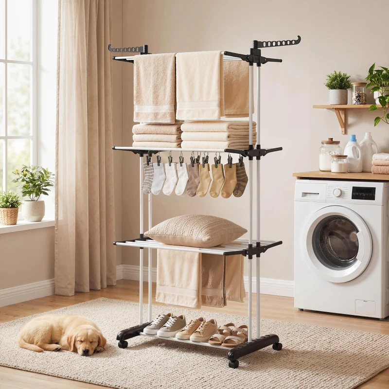 HOMCOM Séchoir étendoir à linge sur roulette pliable ailes latérales intérieure et extérieure 73 x 64 x 177 cm noir argent(m-10)