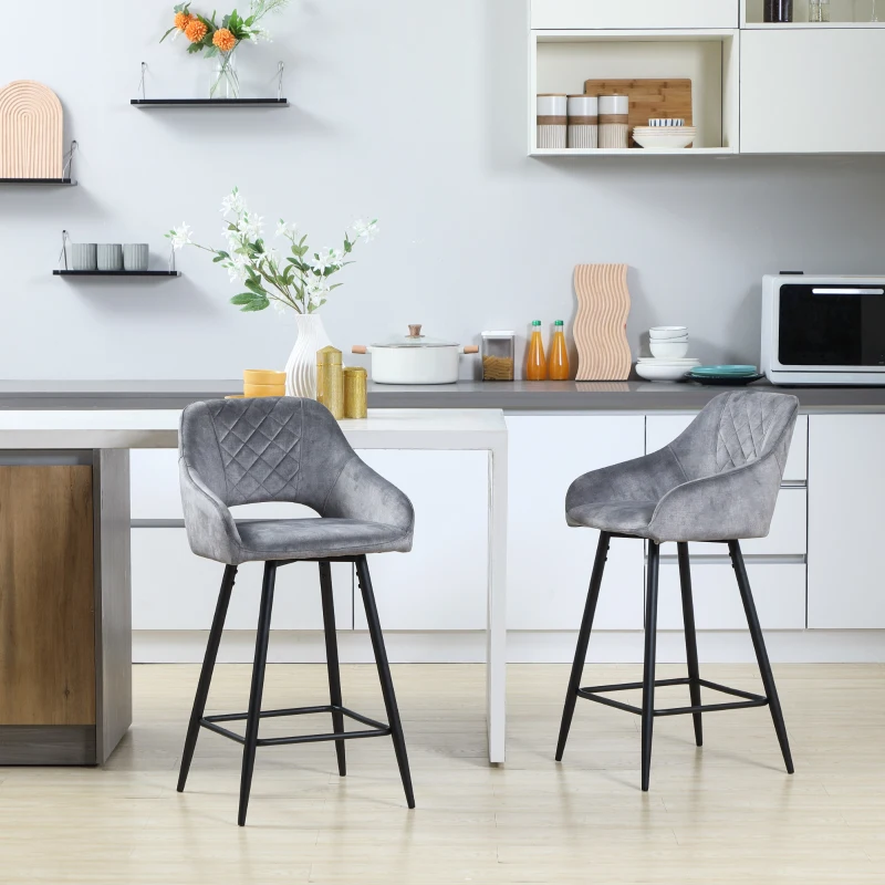 HOMCOM Lot de 2 tabourets de bar chaises hautes effet velours et acier noir avec repose-pieds accoudoirs hauteur 67 cm gris
