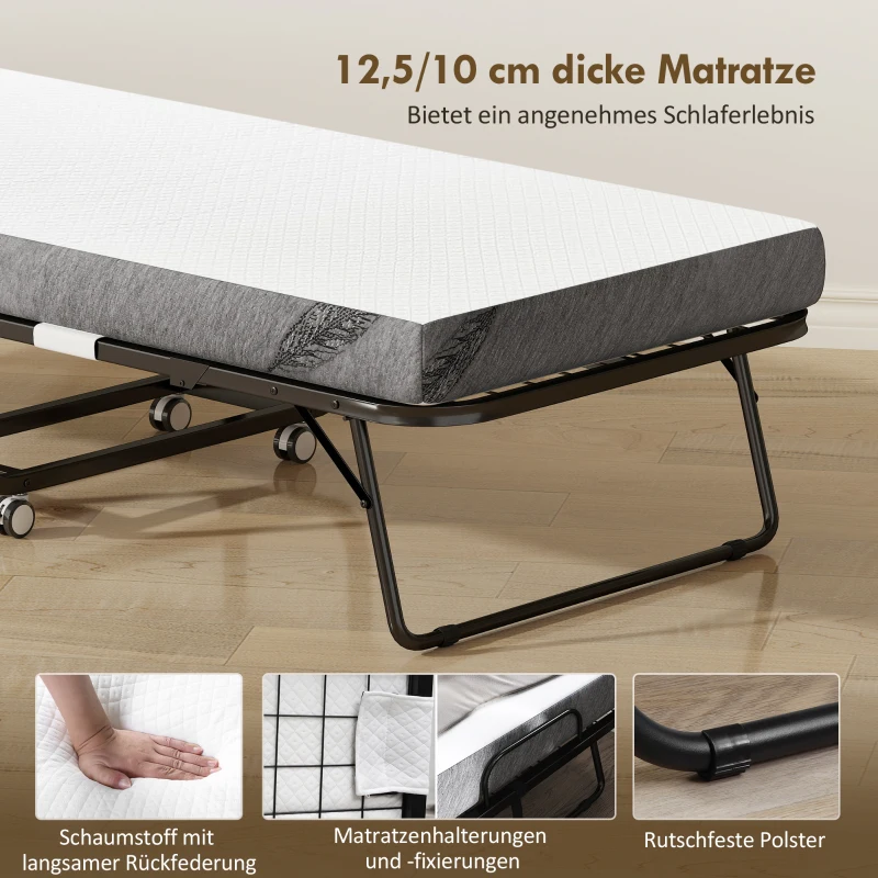 HOMCOM Klappbett 80x200 cm Erwachsene Gästebett Klappbar mit 10cm Dicker Schaumstoff Reisebett mit Stahlrahmen Feldbett mit Rollen bis 150 kg belastbar Einzelbett
