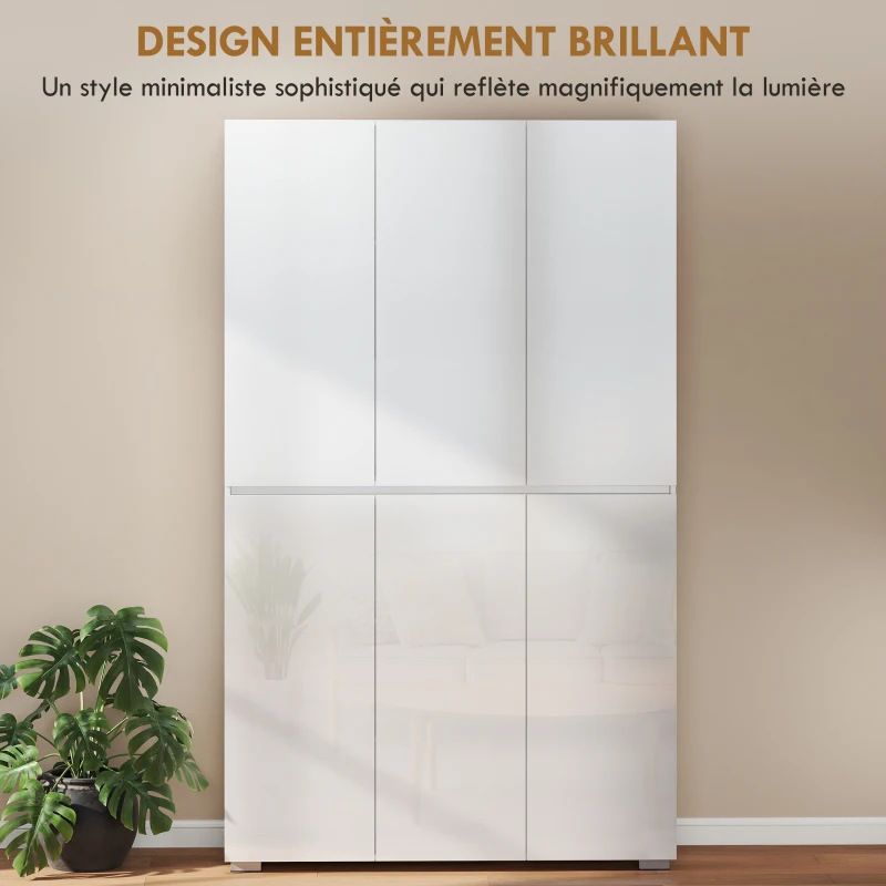 HOMCOM Buffet haut cuisine armoire de cuisine à haute brillance 6 portes à fermeture douce étagères réglables blanc