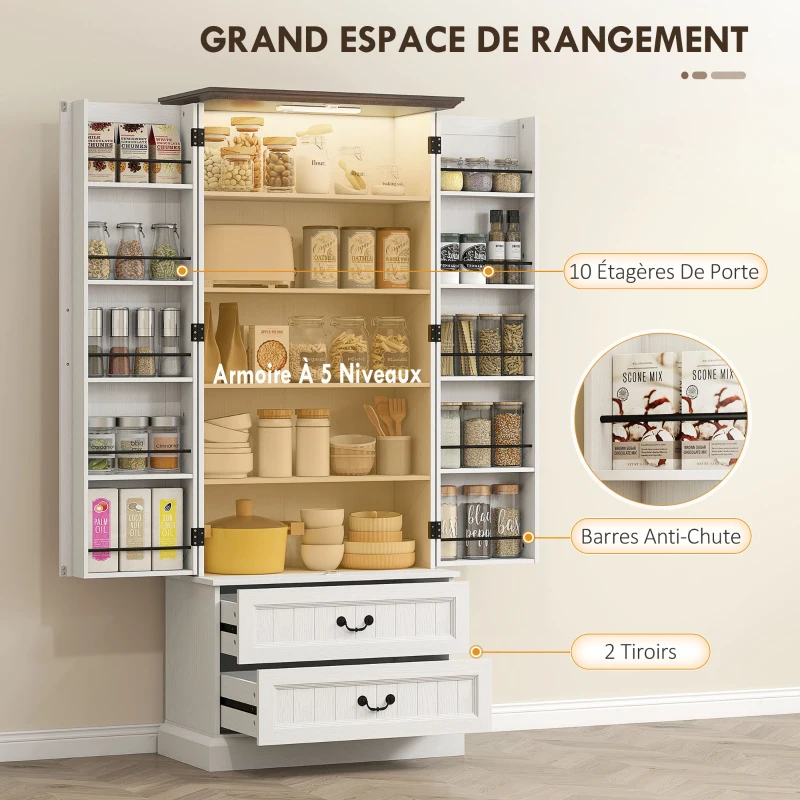 HOMCOM Buffet haut cuisine, armoire de cuisine, LED à capteur, 2 portes, tiroirs et étagères réglables, 76x39,5x183cm, blanc(m-5)