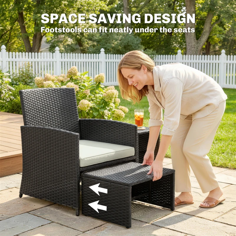 Outsunny 6 Piece Rattan Garden Furniture, Space-Saving Patio Furniture Set with Nesting Tables, Chairs, Stools, Cushions, Black