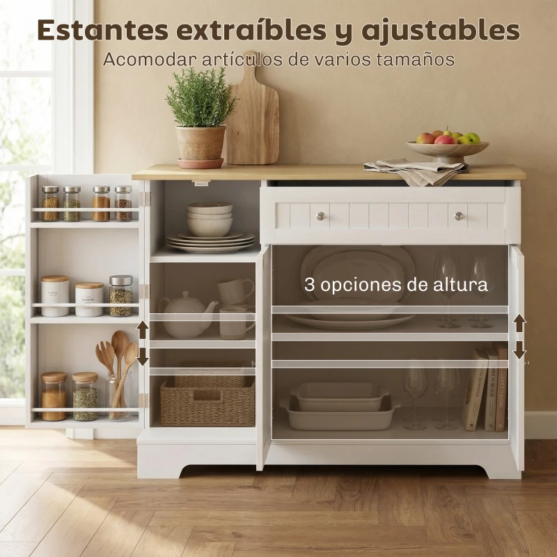 HOMCOM Aparador de Cocina Armario de Cocina 3 Estantes de Puerta Cajón Estantes Ajustables para Comedor 105x40x83 cm Blanco