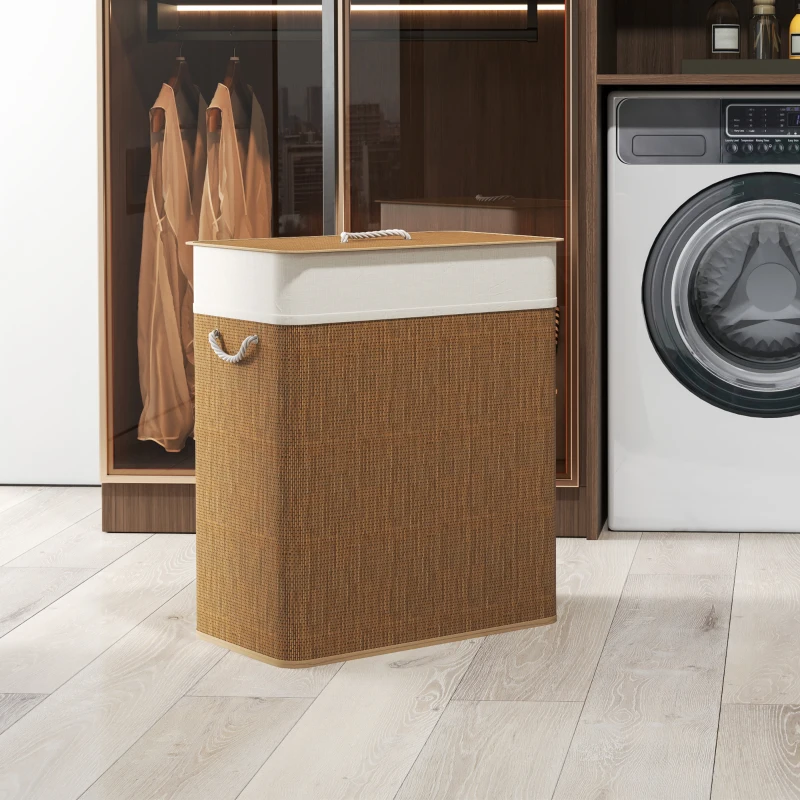 HOMCOM Panier à linge double avec couvercle, panier à linge en bambou 100 L avec poignées en corde