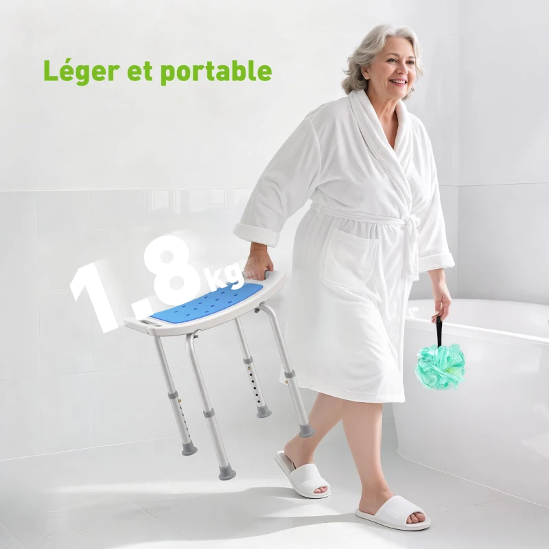 HOMCOM Siège de Douche réglable en Hauteur Tabouret de Douche Ergonomique Pieds antidérapants Charge Max. 135 Kg alu HDPE Blanc Bleu
