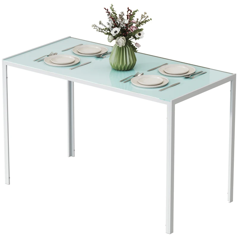 HOMCOM Mesa de Comedor de Cristal, Mesa Rectangular para 4-6 Personas con Patas de Metal, para Cocina, Salón, 120x60x75 cm, Blanco