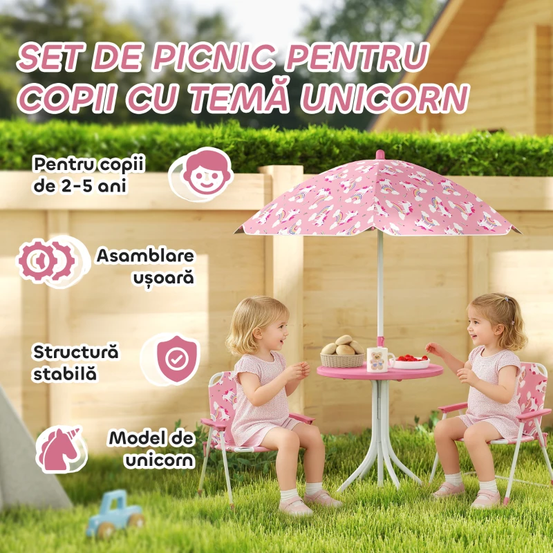 AIYAPLAY Masă de Picnic pentru Copii, Set Masă și Scaune cu 2 Scaune Pliabile și Umbrelă Detasabilă, Temă Junglă, Mobilier de Exterior pentru Grădină, Patio, Roz