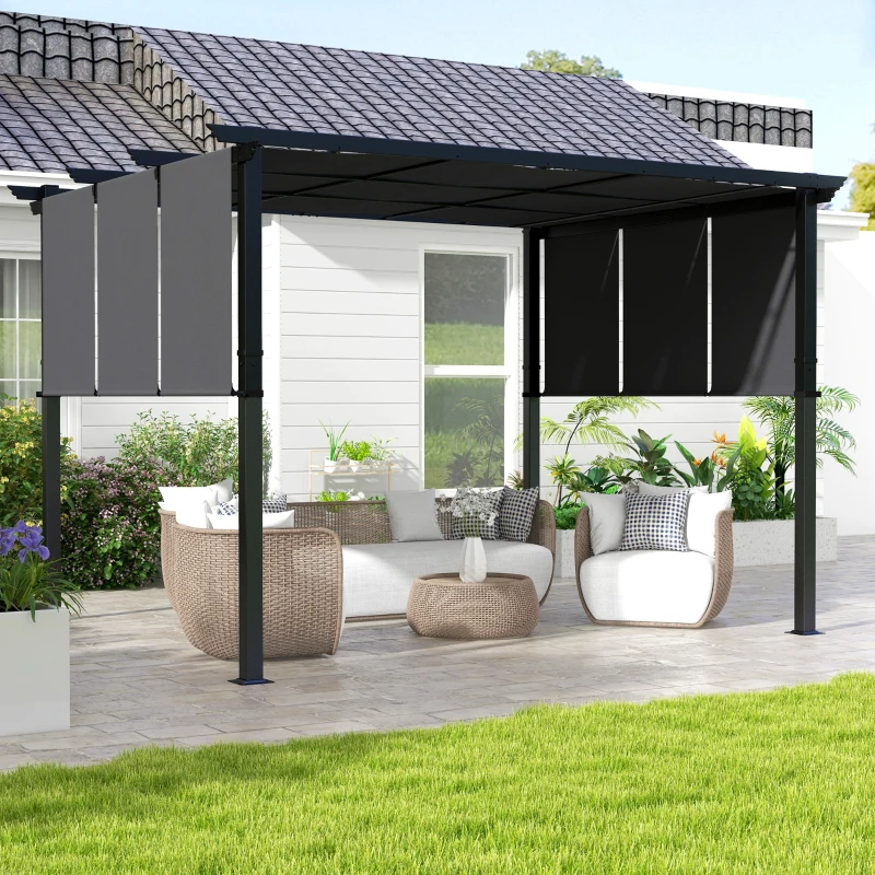 Outsunny Pergola avec 3 toiles coulissantes 3,5 x 3 x 2,35 m structure acier noir toile polyester gris foncé