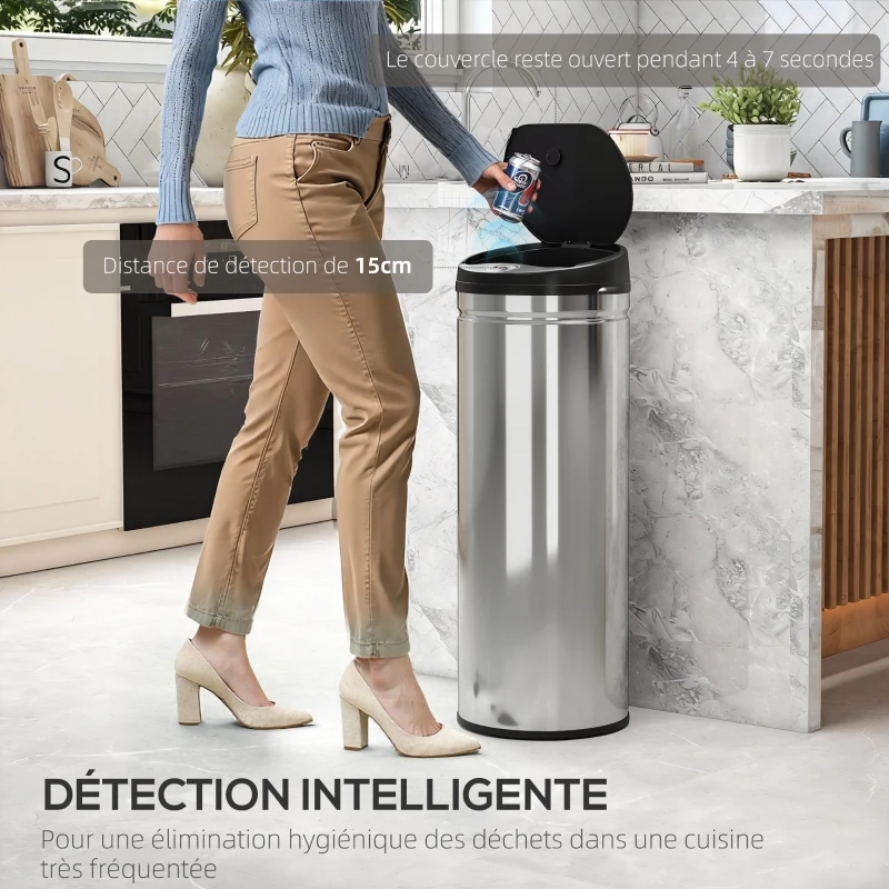 HOMCOM Poubelle cuisine automatique 50L acier inoxydable, poubelle à couvercle à fermeture en douceur, 30,5x30,5x85cm, argent