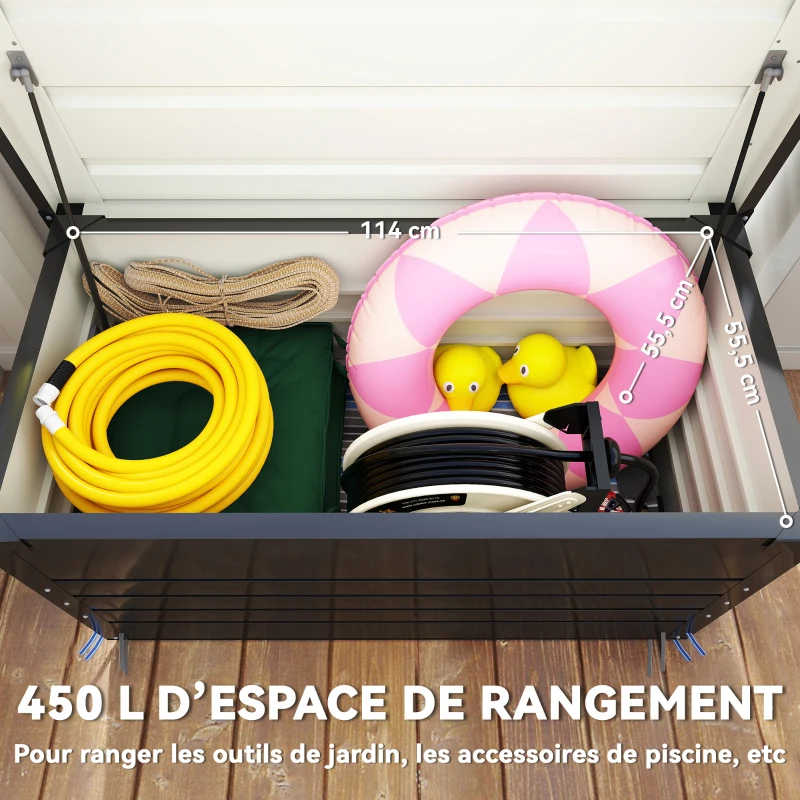 Outsunny Coffre de rangement métal boîte de jardin 450L double vérins à gaz  verrouillable pour coussins outils gris anthracite