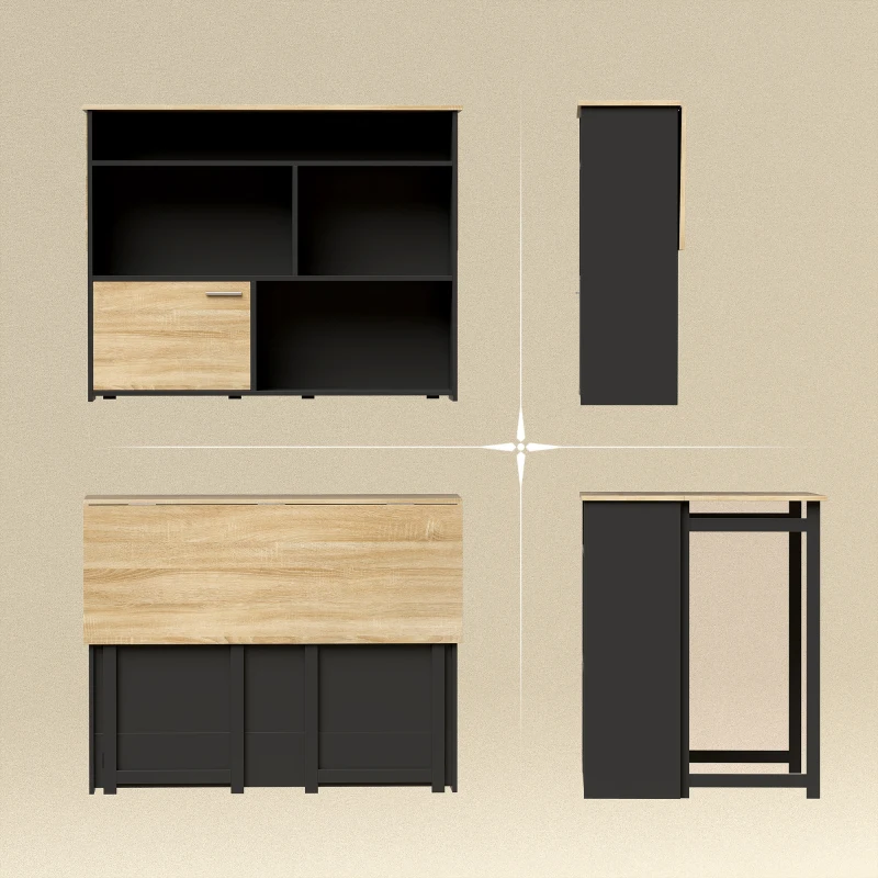 HOMCOM Table de bar extensible avec abattant, table haute cuisine, 1 placard et 4 compartiments ouverts, 116x79,6x90,5cm, noir(m-7)