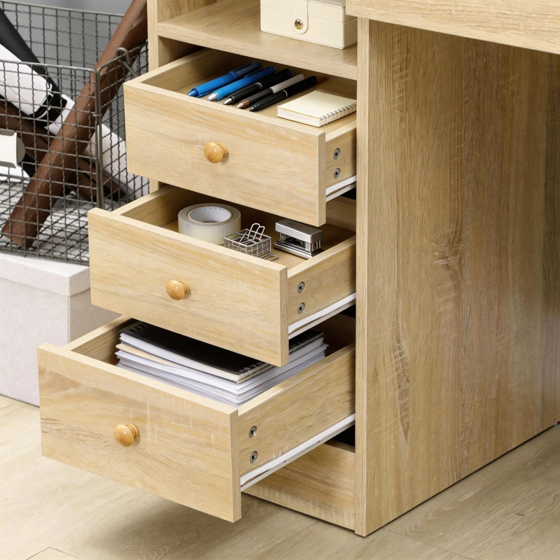 HOMCOM Scrivania da PC per Ufficio con Scaffali, Cassetti e Ripiano Testiera in Legno, 125x60x74cm