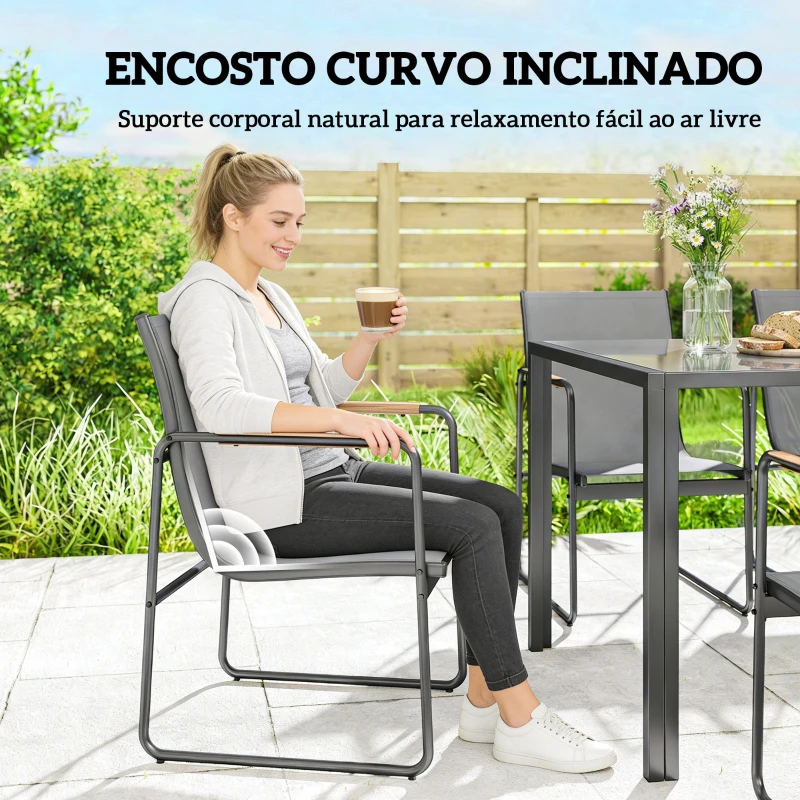 Outsunny Conjunto de Mesa e Cadeiras de Jardim de 7 Peças com Mesa de Vidro Temperado 6 Cadeiras e Estrutura em Aço Cinza