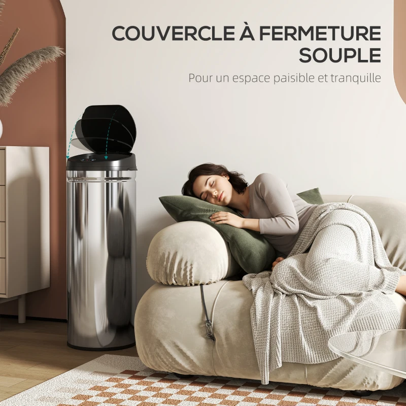 HOMCOM Poubelle cuisine automatique 50L acier inoxydable, poubelle à couvercle à fermeture en douceur, 30,5x30,5x85cm, argent