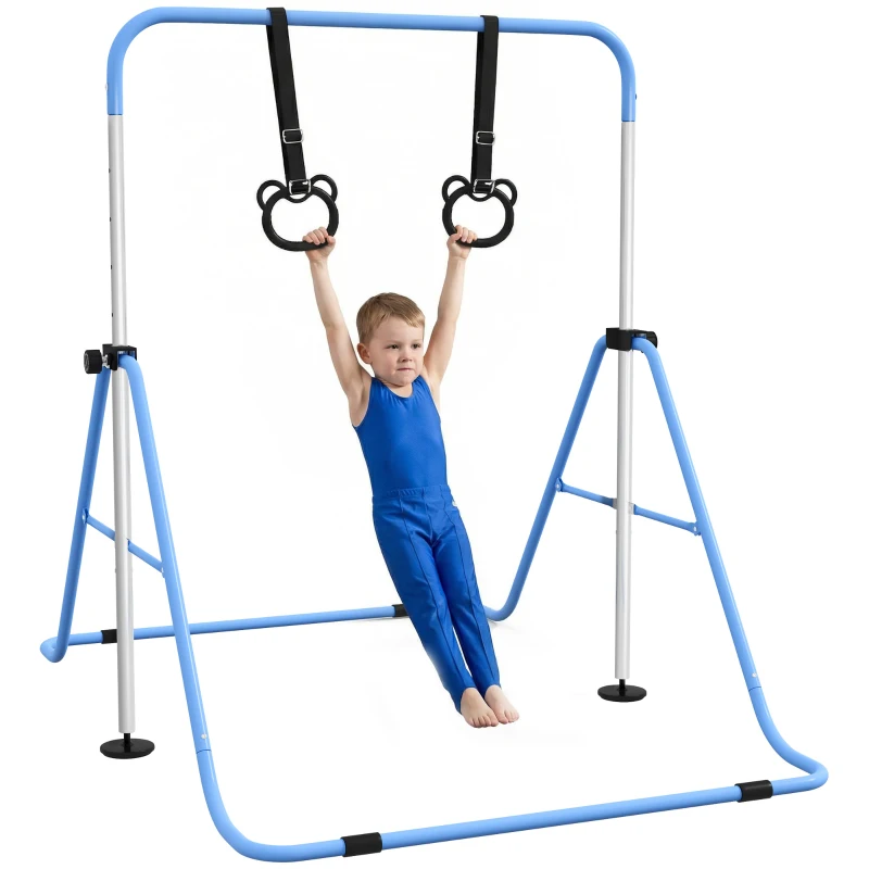 HOMCOM Adjustable Height, Foldable Kids Gymnastics Bar w/ Non-slip Rubber Floor Rings, for 3+ Years, Blue