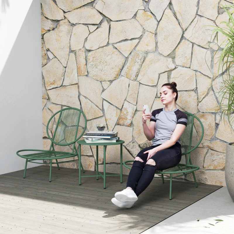 Outsunny Ensemble salon de jardin, 3 pièces, salon d'extérieur 2 personnes avec 2 chaises Acapulco et table basse, vert foncé