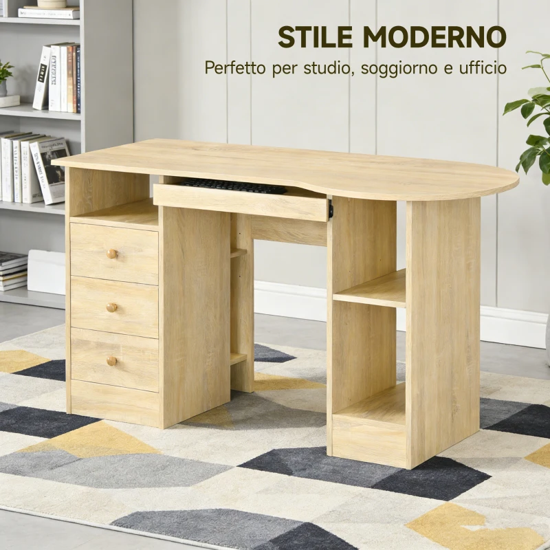 HOMCOM Scrivania da PC per Ufficio con Scaffali, Cassetti e Ripiano Testiera in Legno, 125x60x74cm
