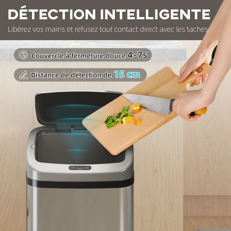 HOMCOM Poubelle de cuisine automatique 48L en acier inoxydable, couvercle à fermeture en douceur, 33x25x69cm, argent