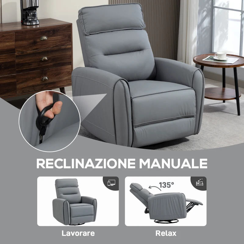 HOMCOM Poltrona Relax Reclinabile Manualmente con Poggiapiedi in Tessuto Effetto Pelle e Base Girevole, Grigio