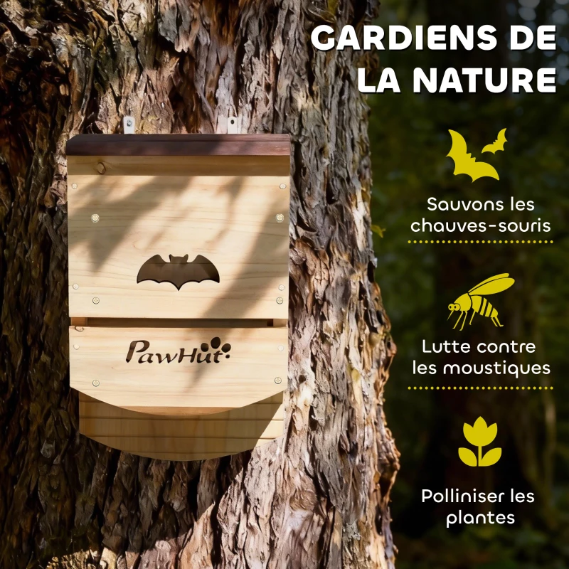 PawHut Lot de 3 Nichoirs Chauve Souris en Bois abri à chauves-souris avec Plateforme Rainurée 23 x 9,5 x 36,5 cm bois naturel