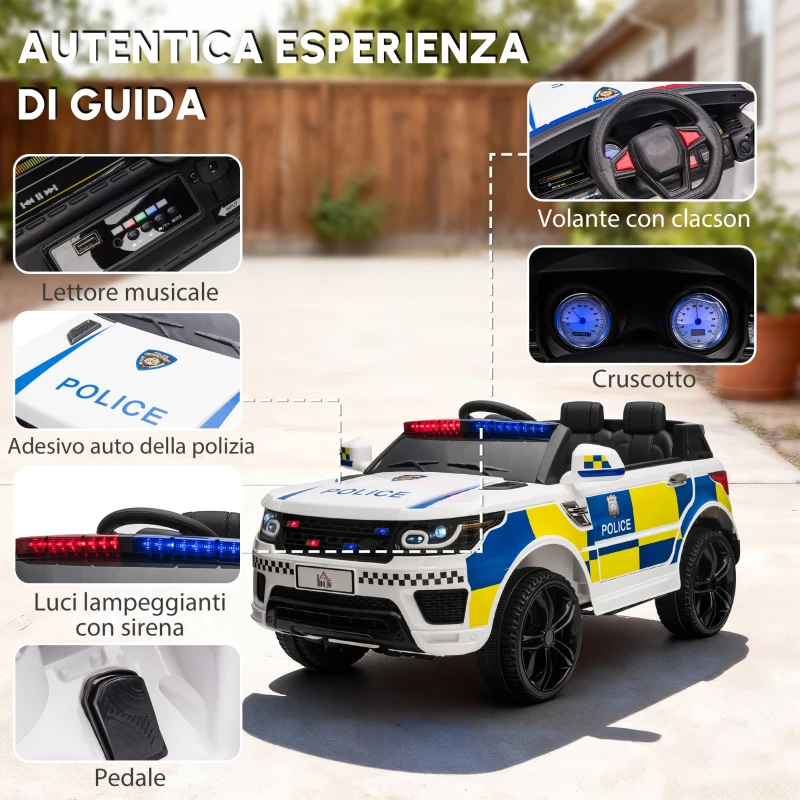 HOMCOM Macchina Elettrica per Bambini della Polizia, 12V Auto Elettrica per Bambini con Telecomando, Sirena Luci Attacco USB per Musica, 110x68x52 cm, Bianco