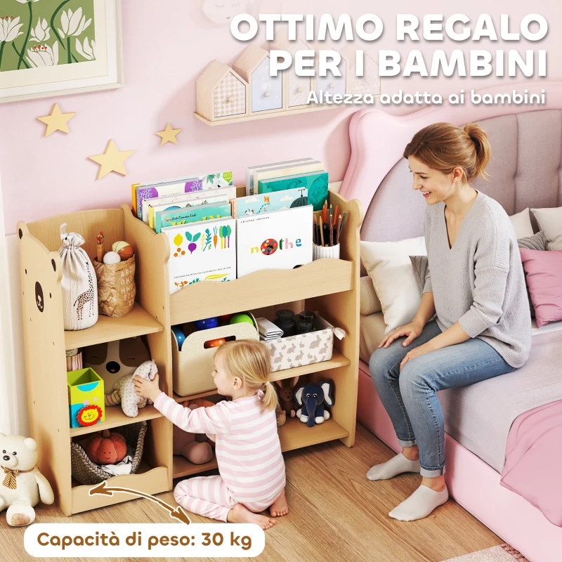 AIYAPLAY Scaffale Portagiochi per Bambini 3-8 Anni con Ripiani Aperti e Scomparti, in Legno, 92x29x79 cm, color Legno