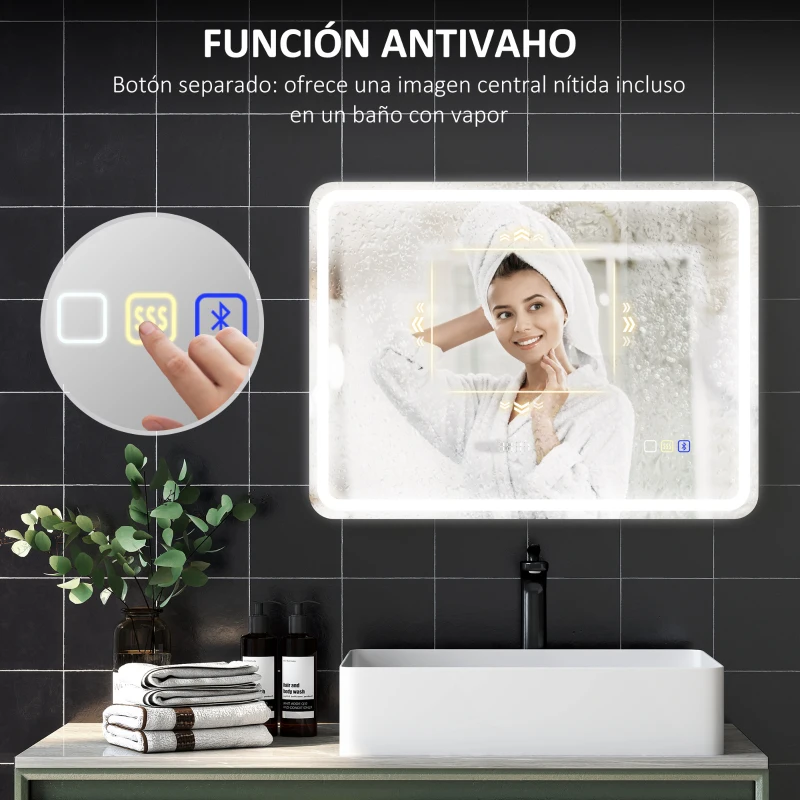 HOMCOM Espejo de Baño con Luz LED 80x60 cm con Bluetooth 3 Colores de Luz Reloj Digital Función Antivaho Función de Memoria