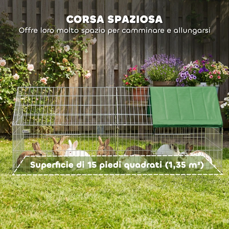 PawHut Gabbia per Conigli e Galline da Esterno e Interno con Protezione Parasole e Griglia Metallica, per Animali Piccoli, Anatre, Galline, 180x75x75 cm, Verde