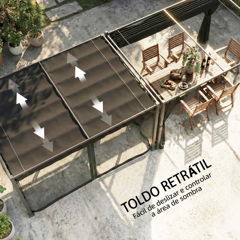 Outsunny Pérgola de Jardim 3x4 m com Teto Retrátil e 4 Laterais em Rede UPF30+ Pérgola para Exterior Terraço Cinza
