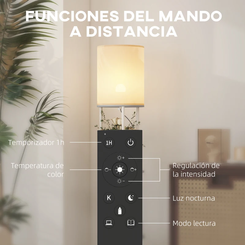 HOMCOM Lámpara de Pie con Estantes con 3 Temperaturas de Color Control Remoto para Salón Dormitorio Oficina Gris