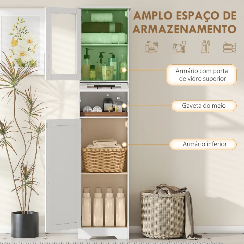 HOMCOM Coluna Casa de Banho com Porta de Vidro Prateleiras Ajustáveis Gaveta para Espaços Pequenos 40x31x170 cm Branco