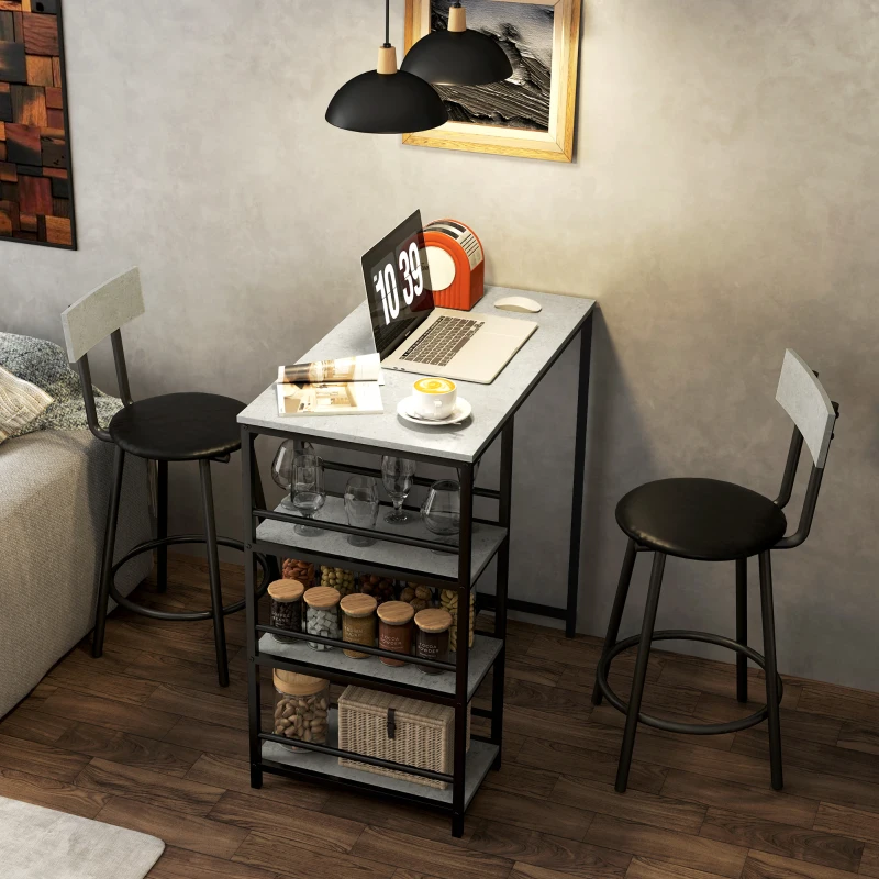 HOMCOM Ensemble table de bar avec 2 tabourets et étagères de rangement pour salle à manger, cuisine, gris et noir