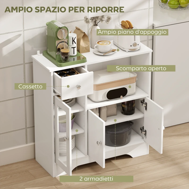 HOMCOM Credenza Buffet con Vano Aperto, Cassetto, 3 Ripiani e Armadietto a 2 Ante, in Legno, 80x30x82 cm, Bianco