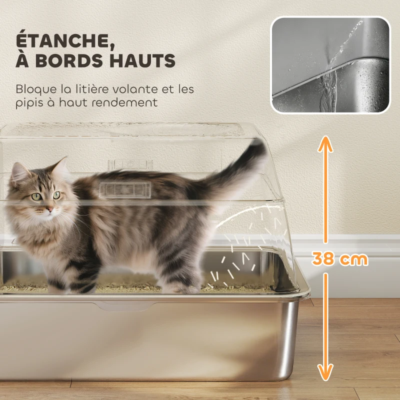 PawHut Bac à litière fermé maison de toilette pour chat acier inoxydable couvercle marche anti-dispersion 60x40x38cm gris foncé