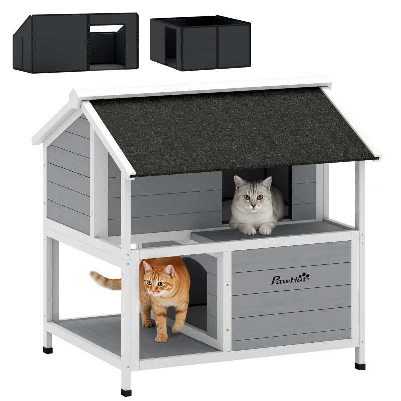 PawHut Outdoor-Katzenhaus, Katzenzuflucht für den Außenbereich, wasserfest, aufklappbares Dach, Fichtenholz, 80 x 93 x 95, Grau