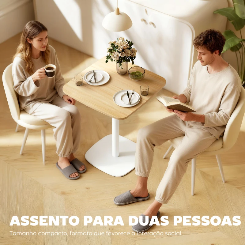 HOMCOM Mesa de Refeição Pequena Mesa de Cozinha Quadrada para 2 Pessoas Base Quadrada em Aço  60x60x75 cm Madeira e Branco